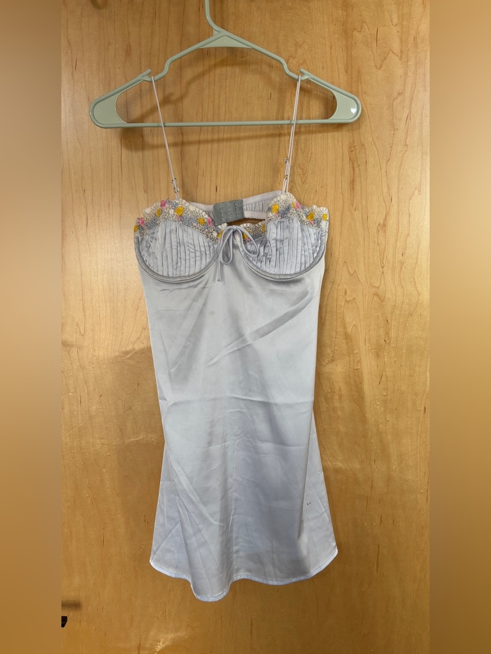 light blue embroidered mini slip dress